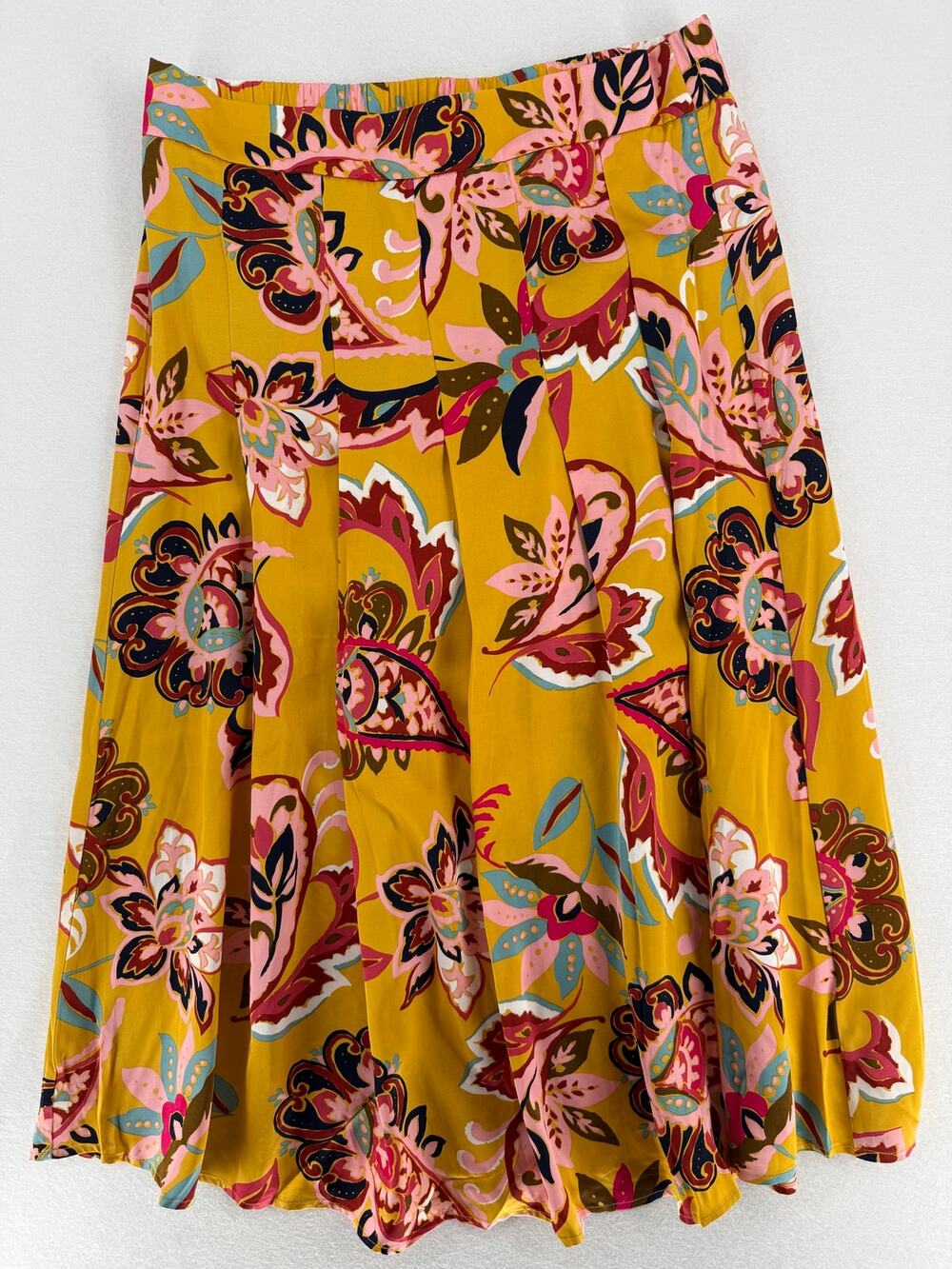 NWT T Tahari Womens XL Mustard Paisley Floral Pull On Midi Skirt